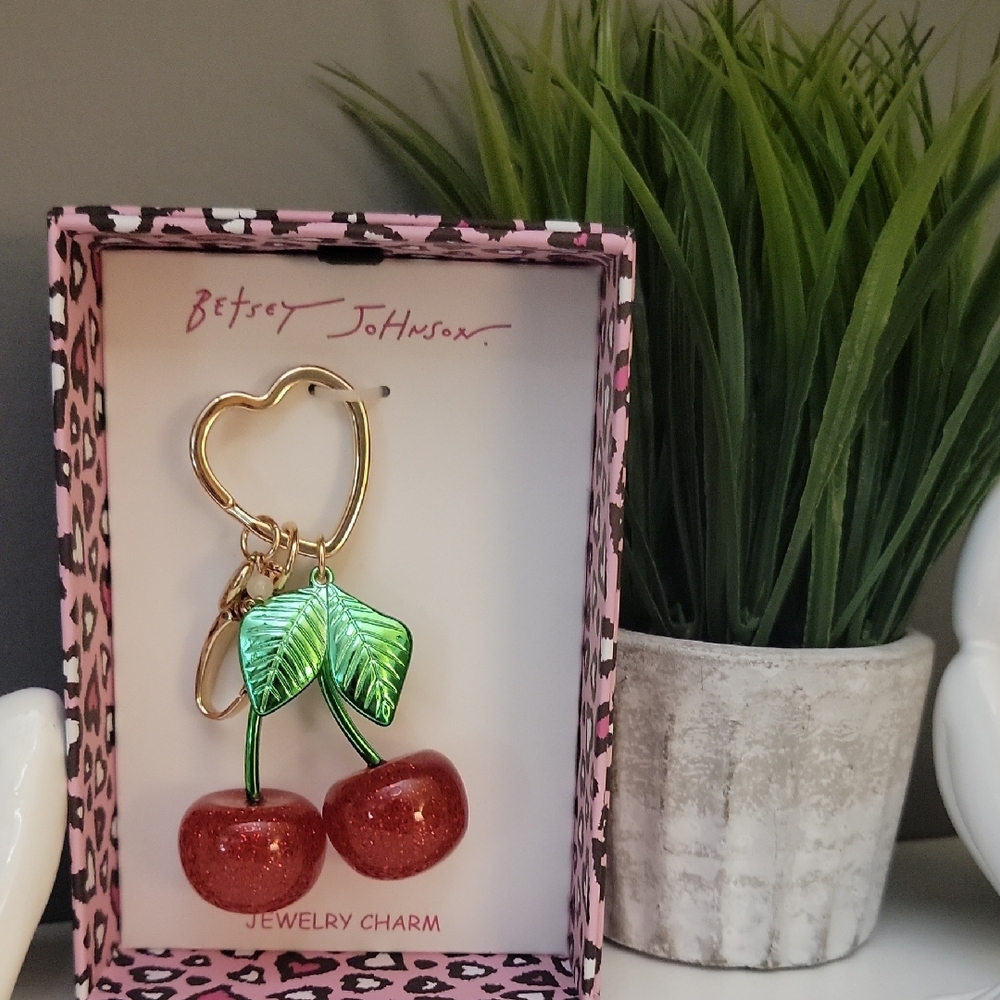Betsey Johnson Glitter Cherry Keychain with Green Leaves Jewelry Charm Red
